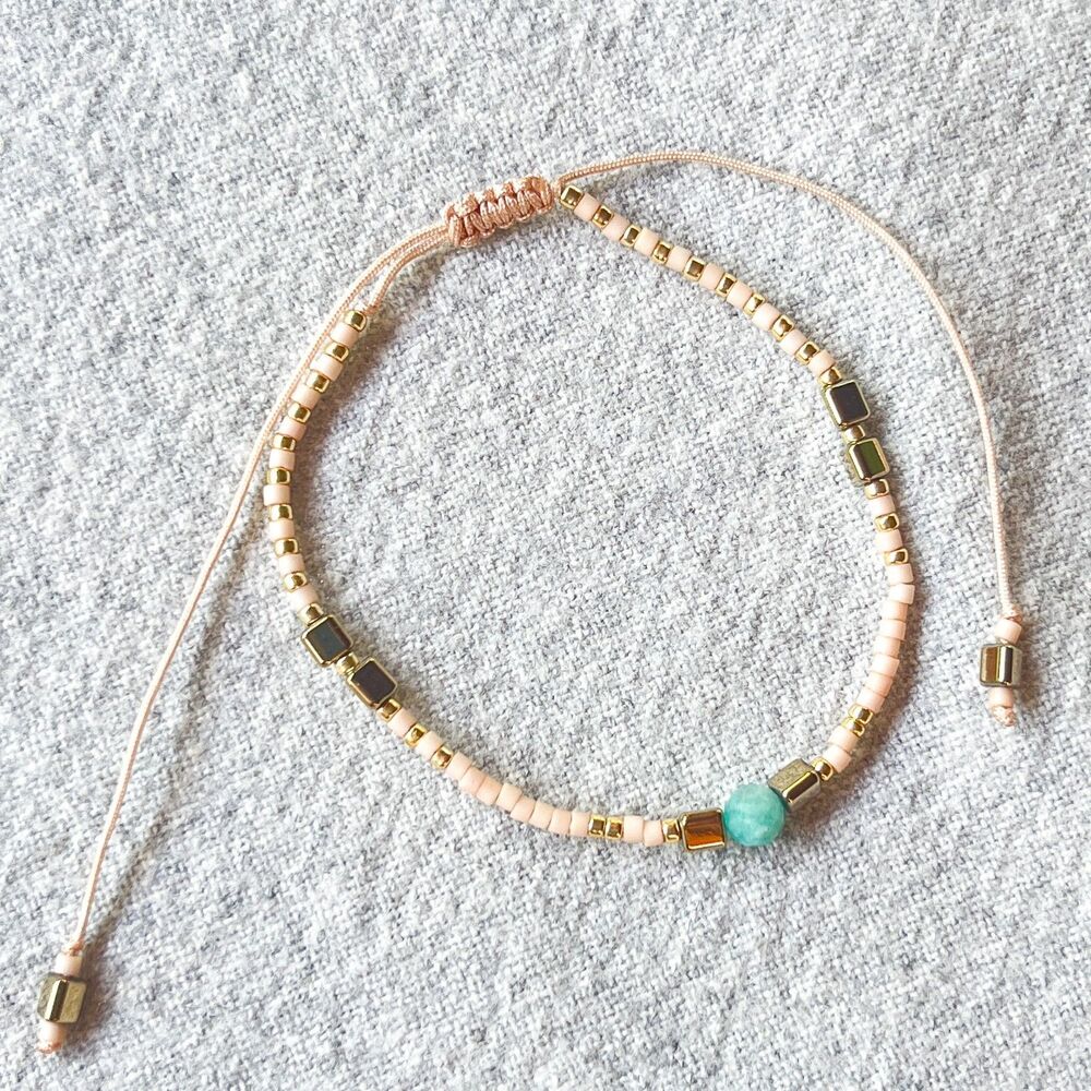 Handmade Pink Silk Cord Beaded Bracelet Adjustable Gold Tone Minimalist